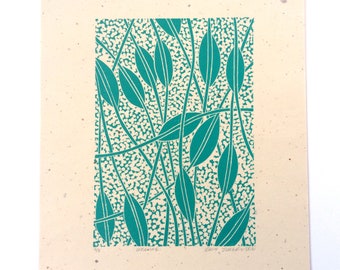linocut - WEAVING // 8x10 art print // printmaking // block print // turquoise // blue green // original art // nature art // wall art