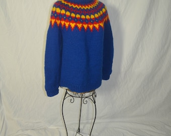 Womens Vintage Hand Knit Blue Red Yellow Nordic Pullover Sweater