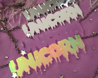 UNICORN Drippy Font Acrylic Necklace in White, Lilac, Silver, or Radiant