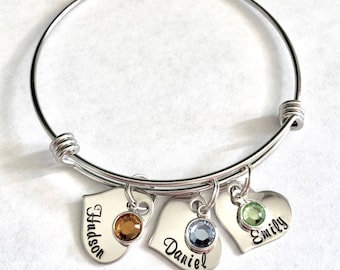 Personalized Name/birthstone silver stainless steel heart charm Bangle Family names Mom Bracelet