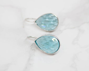 Earrings Silver plated aquamarine drop hammered shiny