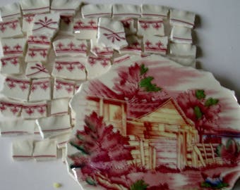 Craft Supplies Mosaic Pieces - Scenic Focal Tile - Accent tiles Pink to Dark Pink - Cottage - Trees - Vintage Broken China