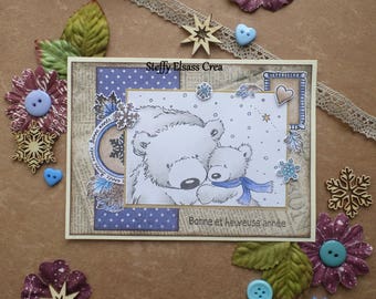 Happy new year card animals winter white snowflake snow bear