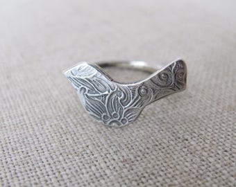 sterling silver modern bird ring floral pattern oxidized patina