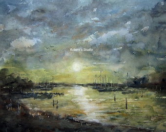 Original Watercolor Seascape Painting, watercolor painting, watercolor art, landscape painting, sunset painting, nautical painting, boats.