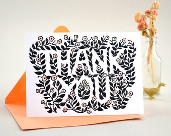 Thank You Greeting Card. Hand Printed Note Card. Handmade Card. Hand Painted Card. Linocut. Flowers. Thank You Card.
