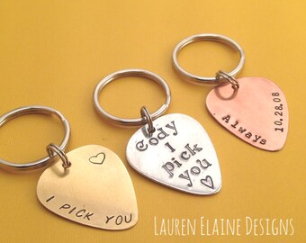 Custom Hand Stamped Guitar Pick Keychains- You Personalize- In Aluminum, Brass, and Copper