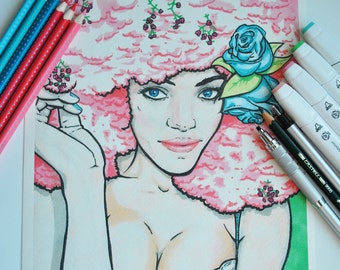 Hand drawn illustration with markers of African girl with flowers.