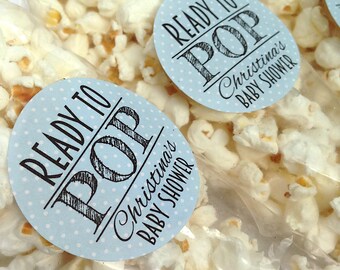Ready to pop stickers, baby shower favour stickers, she's about to pop stickers, personalised baby shower stickers, 120 Blue