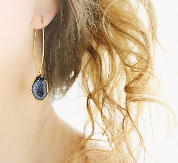 Black Geode Earrings - Genuine Diamond Earrings
