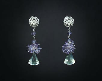 Green Amethyst Earrings Gemstone Earrings Silver Earrings Statement earrings Cluster Earrings Amethyst Jewelry Long Earrings Artisan Earring