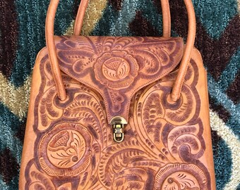 Vintage 50s 60s tooled leather handbag