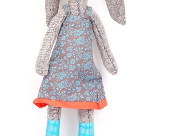 Rabbit Stuffed , Animal Doll , Soft Sculpture , Soft Toy, gray woven silk Bunny Doll, Cloth Doll, Rag Doll, Fabric Doll, Plushie Softie doll