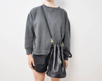 90s Black Leather Bucket Bag with Brass Hardware