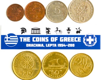 Greek 7 Coins Complete Full Set from Greece 1-100 Drachmas Currency 1976-2002