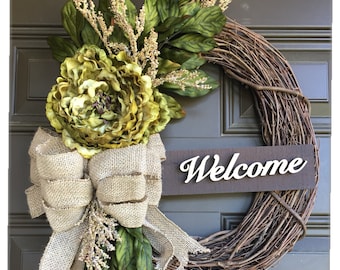 Front door Peony wreath, 14 inch wreath with accent , everyday wreath , Year round wreath , spring wreath , summer wreath , door wreath