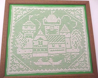 Vintage Filet crochet boating and cityscape scene