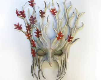 Tree Leather Mask over 15" tall with Fabric Leaves white grey brown with reddish leaves very light and easy to wear & nice for display too