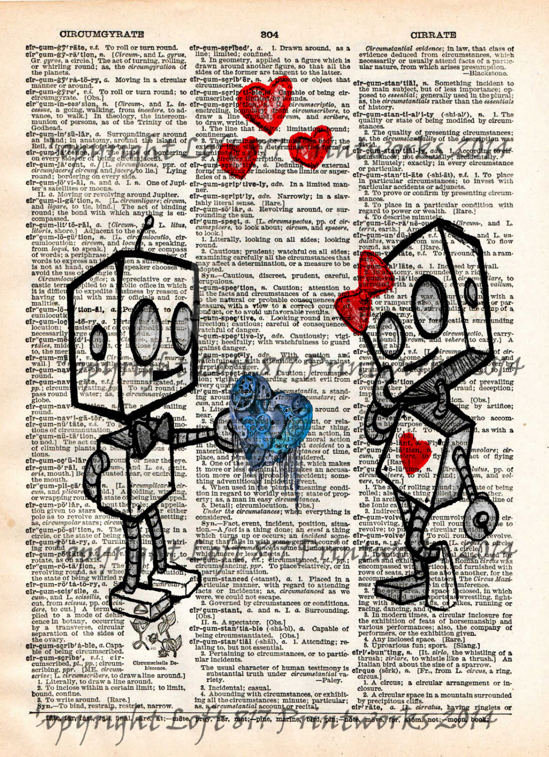 Robot love cute robot art print vintage dictionary page art