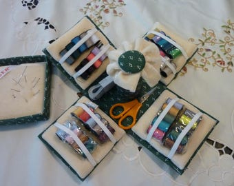 Vintage Sewing Kit - Singer Material Craft Box - Unfolding Accessory Box ~ Green With White Accents ~ Needle and Thread
