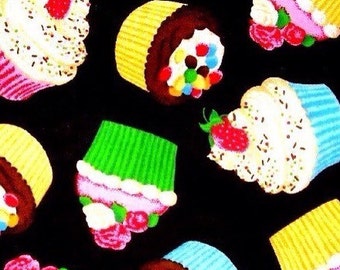 Cupcakes On Black Cotton Fabric REMNANT