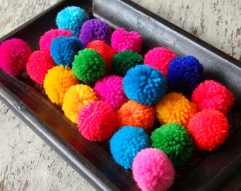 Hmong hill tribe pom poms - 25 pcs. assorted colours, Standard size yarn pompoms, 20-25mm, 1" ethnic pom poms, Boho craft supplies - 25