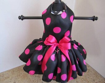 Dog Dress Black With Hot Pink polkadots