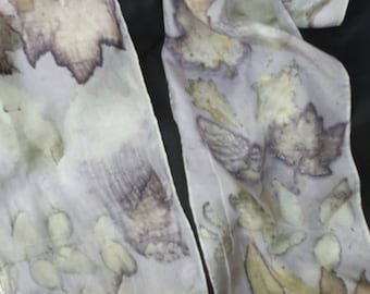 ECO Printed Silk Scarf, Exclusive Designs & Colors from Mother Nature, Maple, Pecan Leaves, Original, Sustainable Organic Art, 8" x 72"