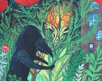 Crow & Poppies Art Print - Raven, Black Bird Outsider Folk Artwork by Sara Pulver - Turn Around Little Bird 8x10"