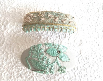 Aqua gold hair barrette, embroidered clip, beaded ponytail holder, 2 sizes available