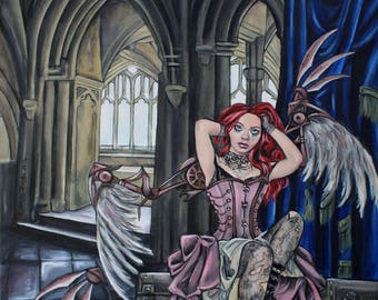 Broken, steampunk fairy mechanical wings original acrylic painting, lowbrow art