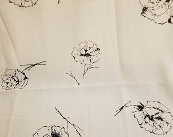 Vintage black roses on whitepoly crepe fabric 3 yards 44" wide vf3