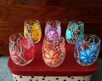 Set of 6 hand painted Stemless wine glasses