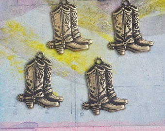 FOUR Cowboy Boots Charms, Brass Stampings, Brass Ox, Jewelry Supplies, Pendants, Southwestern