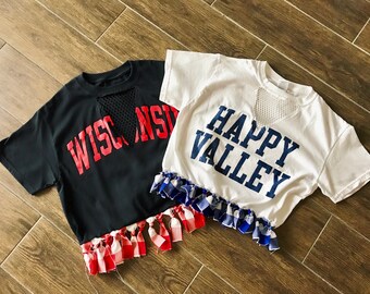 College Tee with Mesh and Plaid Fringe