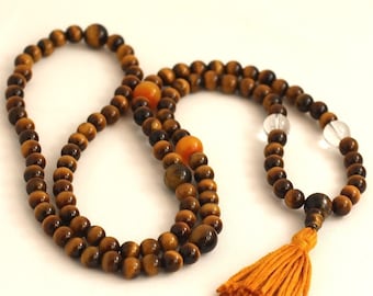 Tigereye Mala Beads w Quartz and Copal Amber Tibetan Buddhist Prayer Beads