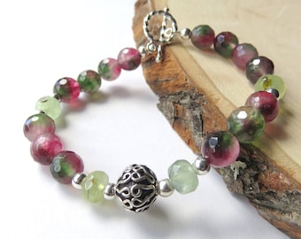 Watermelon Agate Bracelet, Dainty Beaded Bracelet, Prehnite Gemstones, Sterling Silver Toggle Clasp, Agate Fashion Jewelry, Mothers Day Gift