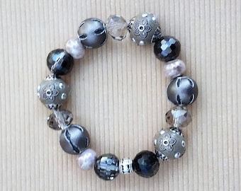 Handmade Bauble Bracelet Featuring Beige Baubles of Various Shades Plus Bling