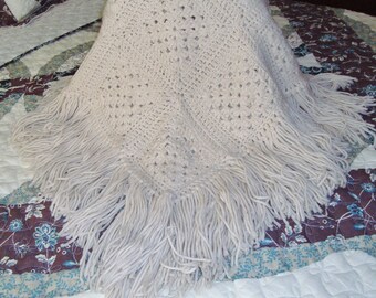 Vintage Hand-Crocheted Granny Square Fringed Acrylic Poncho