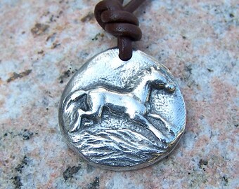 Happy Horse Necklace, Rustic Horse Jewelry, Running Horse Pendant, Equestrian Gift, Horse Lover Gift, Handcast Pewter Pendant, Gift for her