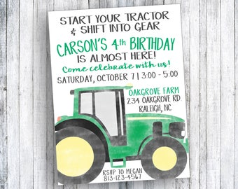 Start your tractor and shift into gear - Tractor Birthday Invitation - Watercolor