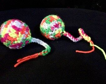 Crochet Cat Rattle Toy Ball with Tail Set of 2 Neon