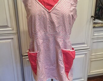 Vintage Red and White Polka Dot Full Apron, 1940's