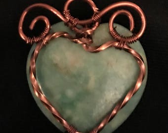 Pale Turquoise Heart Pendant in Copper Wire