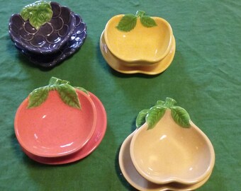 Vintage Fruit Bowl(s)/Saucer Set/Eight (8) Piece Breakfast Serving Collection/Pear/Grape/Orange/Apple/Colorful Dishes(Dish)/Fun Dinnerware
