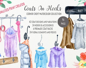 Watercolor coats on hooks, personalised print creator, rain coat, winter coat, children coat, hook, coat rack for instant download