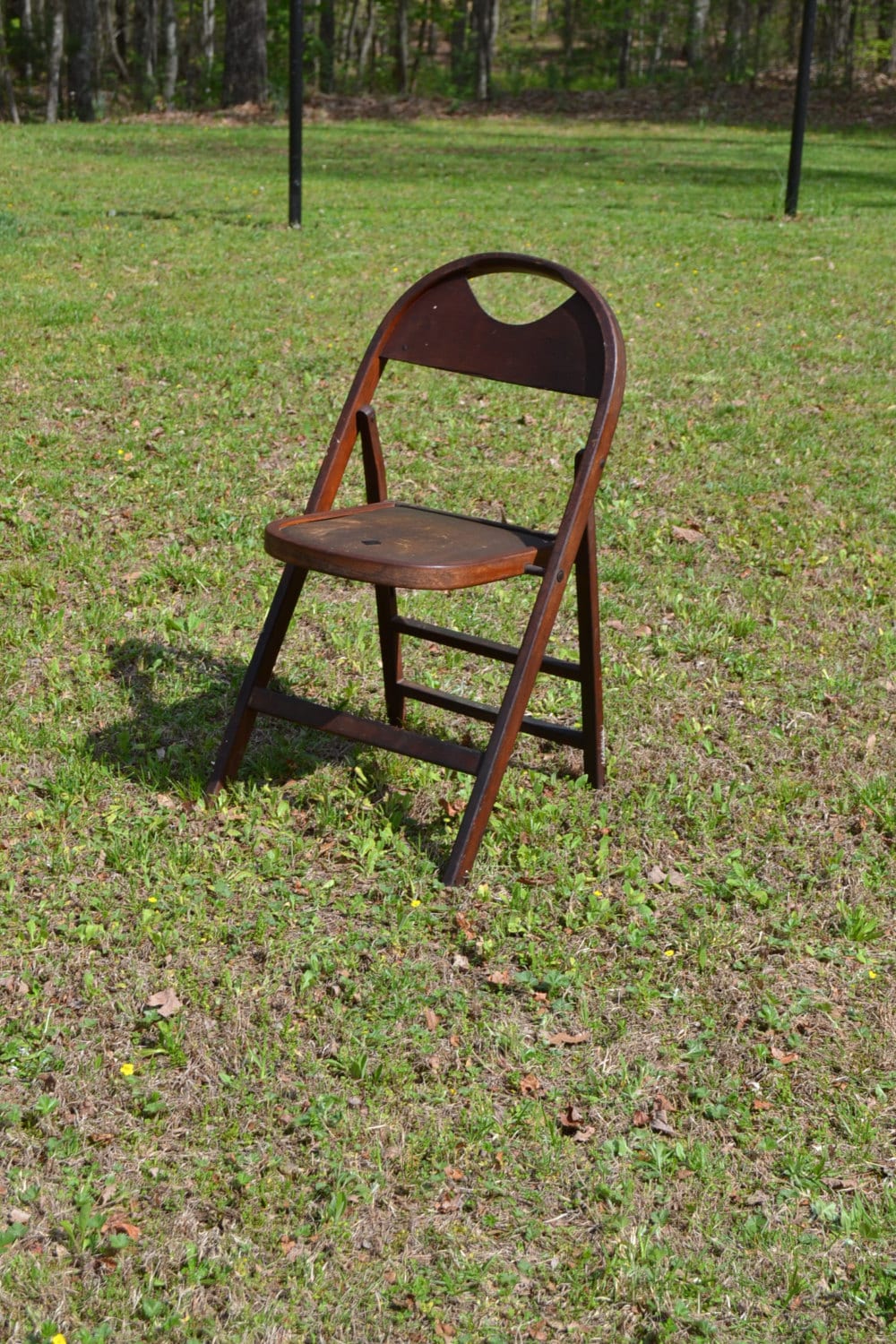 Vintage Antique Wooden Folding Chair Leather Seat Photo Prop