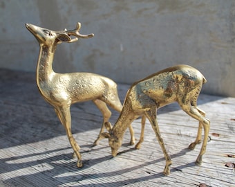 Vintage Brass Deer Figurines, Brass Reindeer Animal Statue, Brass Buck Brass Doe