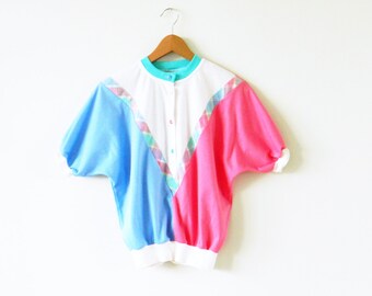 Vintage Rainbow Colorblock Top / 80s Dolman Sleeve Blouse / Rad Colorful Candy Blouse