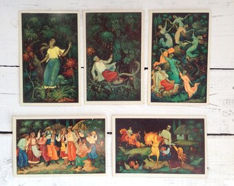 Art collage Vintage card Illustration Set of 16 Collection card Made in USSR Fairy tale art Painting Postcards set Gogol Fairy tales